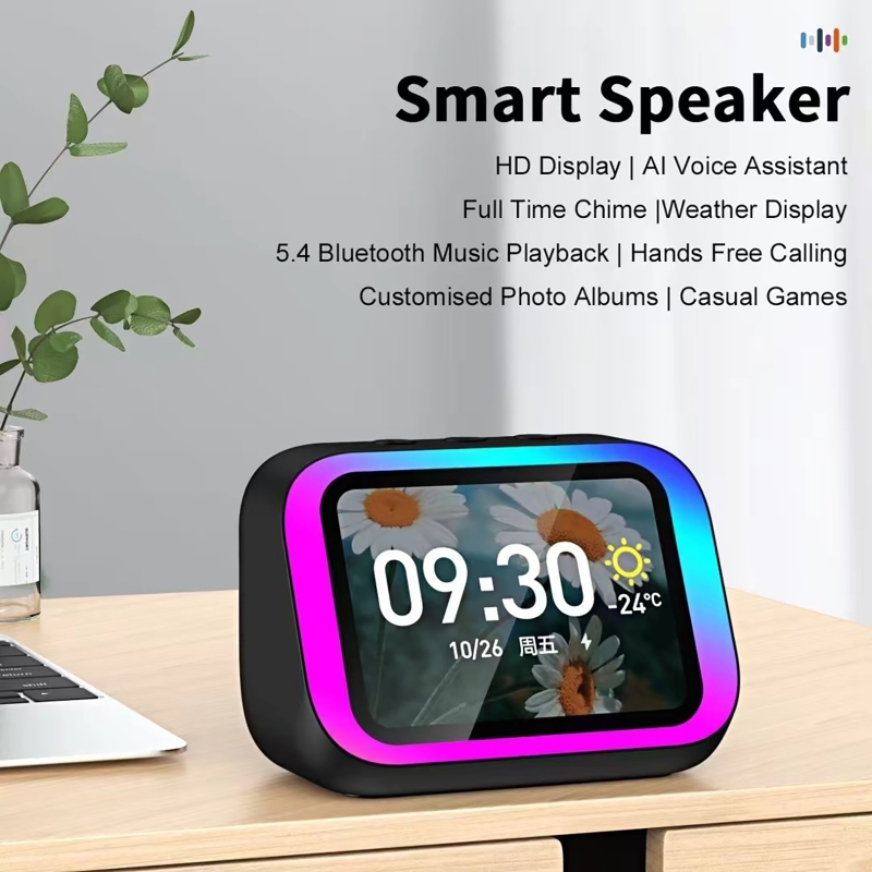 Smart Home Life - KI-Sprachassistent Bluetooth-Lautsprecher mit RGB-Farbbeleuchtung, Wecker, LED-Bildschirm,